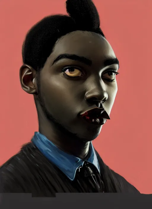 Image similar to portrait of a wide faced black man with a crooked nose and a confident expression, 1 9 6 0 s, black clothes, goth, punk, brightly coloured hair, funk, intricate, elegant, highly detailed, digital painting, artstation, concept art, smooth, sharp focus, illustration, art by wlop, mars ravelo and greg rutkowski