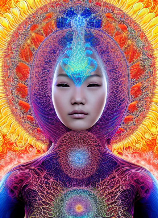Prompt: ridiculously beautiful young asian woman tripping, coral and light fractals radiating behind with sacred geometry, cosmic, natural, awakening, symmetrical, in the style of ernst haeckel and alex grey, effervescent, warm, photo realistic, epic and cinematic