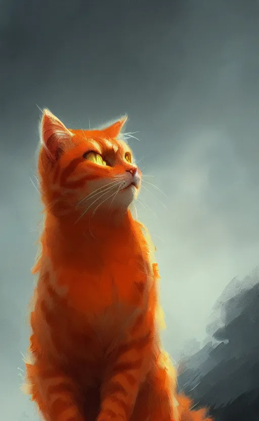 Prompt: a fluffy orange cat with long whisters and stern brown eyes, digital painting by greg rutkowski, artstation, intricate, highly detailed, cinematic lighting, concept art
