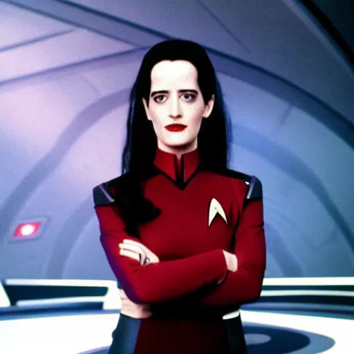 Prompt: a beautiful full body photograph of younger eva green as a star fleet officer from star trek next generation, extreme realism and detail, 8 k, completely framed, direct lighting, 3 5 mm photo, photorealistic, sharp focus