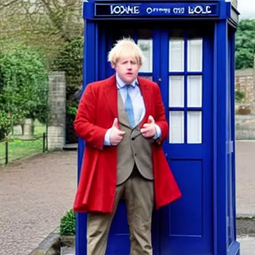 Prompt: boris johnson dressed as the fourth doctor in the tardis, photo