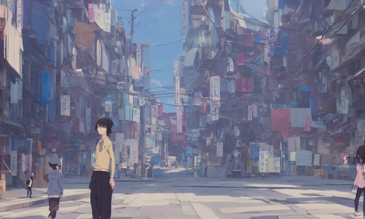 Image similar to A screenshot of the girl on the a seoul city street in the scene in the Makoto Shinkai anime film Kimi no na wa, pretty rim highlights and specular