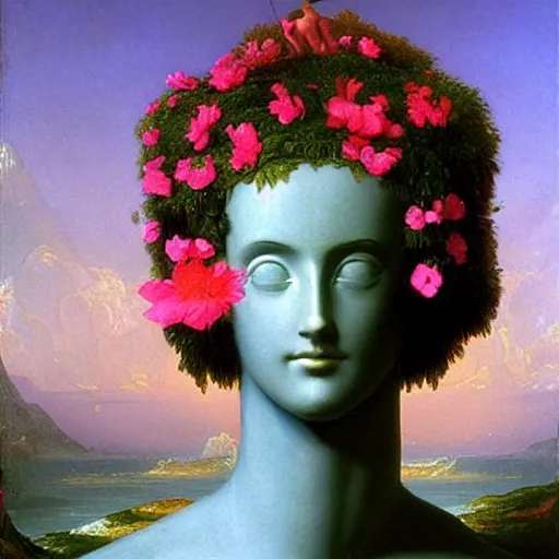 Prompt: Thomas Cole, Thomas Cole, award winning masterpiece with incredible details, Thomas Cole, a surreal vaporwave vaporwave vaporwave vaporwave vaporwave painting by Thomas Cole of an old pink mannequin head with flowers growing out, sinking underwater, highly detailed Thomas Cole