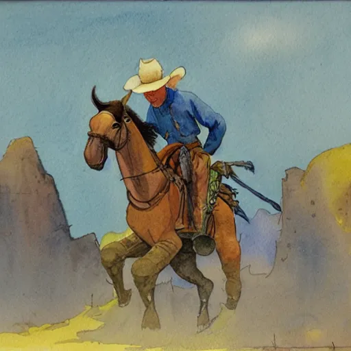 Image similar to a watercolor painting of a cowboy riding a dinosaur in the style of n. c. wyeth and in the style of james gurney.