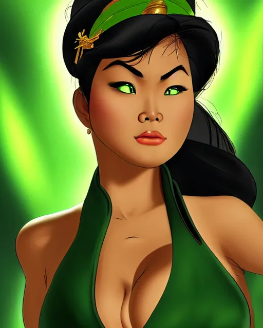 Image similar to alluring heavy filipina woman character portrait, by don bluth, fully - clothed, wearing dark - green blazer, sci - fi environment, highly detailed, dynamic shadows, 4 k, wallpaper - 1 0 2 4