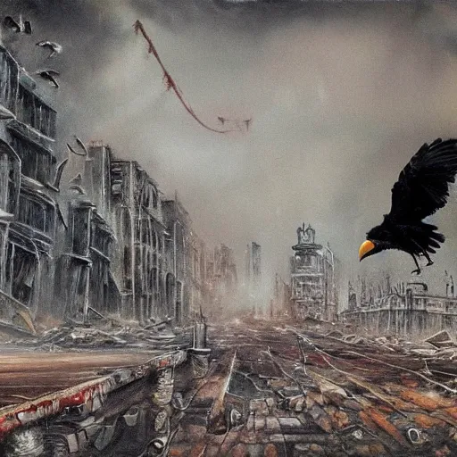 Prompt: crow flying through the center of a post apocalyptic city, massive destruction, oil painting, foggy, brush strokes, highly ornate intricate detail, gloomy mood,