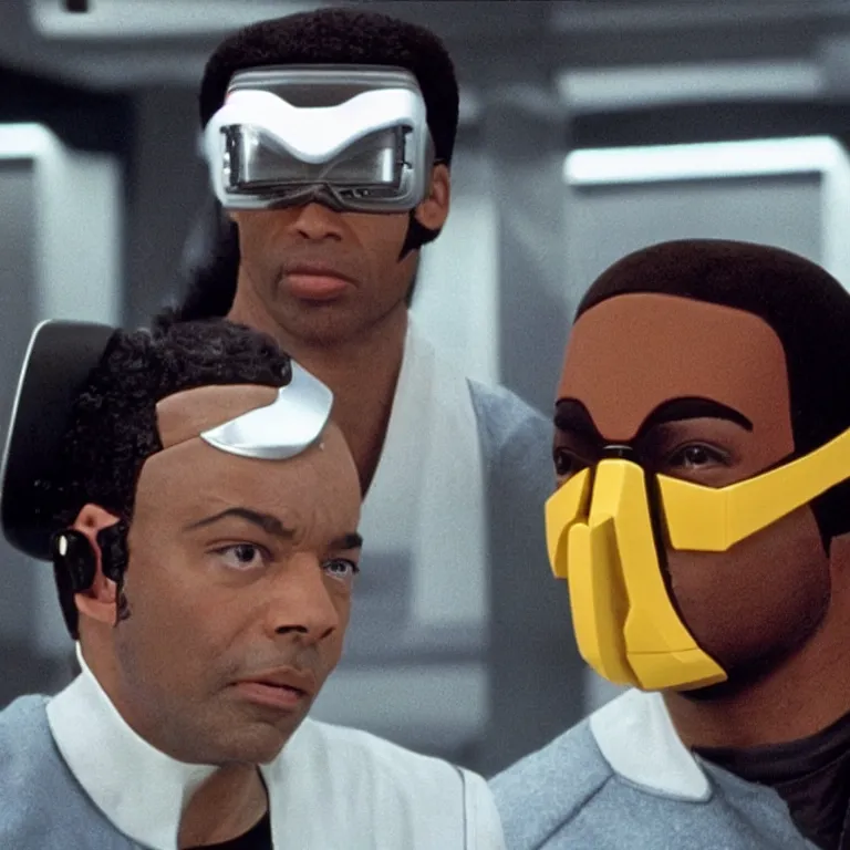 Image similar to geordi laforge wearing visor and high tech ear muffs on his head and kinda looks like lobot