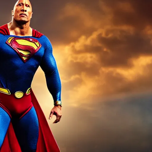 Prompt: dwayne johnson as superman, face visible, full body shot, highly - detailed, sharp focus, award - winning