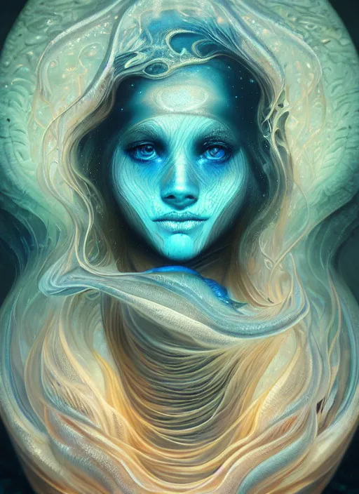 Prompt: an underwater photographic beauty portrait of an anthropomorphic bioluminescent liquid wave, refractive cinematic volumetric lighting, fantasy, intricate, elegant, highly detailed, digital painting, artstation, concept art, smooth, sharp focus, illustration, art by artgerm and h r giger and alphonse mucha