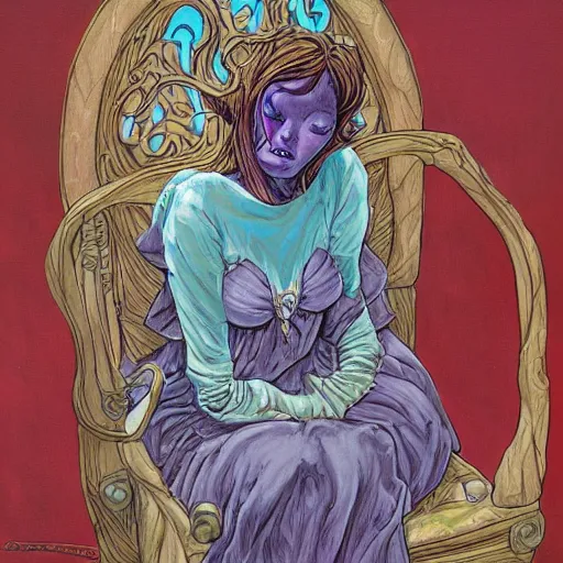 Image similar to acrylic painting, art in the style of Terry Moore, Moebius and Mohrbacher, a portrait of an elder fairy asleep on a chair, her wand and accessories beside her.