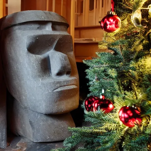 Image similar to a kid at christmas disappointed and sad that his present was a giant moai statue, his hands buried in his face | inside of a house next to a christmas tree, large present in the back