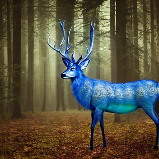 Prompt: beautiful hyper realistic stag. elven woods, celestial highly detailed magic athmospher. beautiful highly detailed forest background. blue light. sunlight rays throught the trees. intricate, elegant, long shot 8 k rendering.