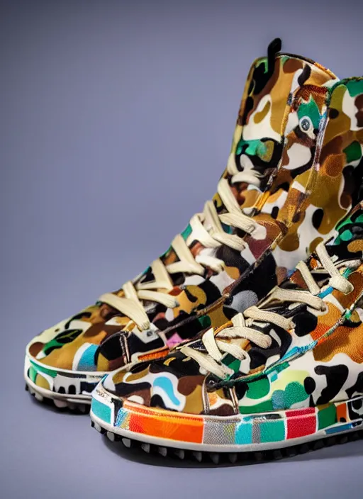 Image similar to hyperrealistic and heavy detailed product photo bape avant garde shoe of movie the fifth element, in front of white back drop, whole shoe is in picture, leica sl 2 5 0 mm, vivid color, high quality, high textured, real life