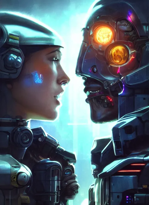 Prompt: cyberpunk, sci - fi, fantasy, ultra realistic close - up of a couple of cyborgs kissing, lovers, faces, led, unreal engine, octane render, soft light, night, highly detailed, digital painting, concept art, sharp focus, illustration, art by artgerm and greg rutkowski and alphonse mucha