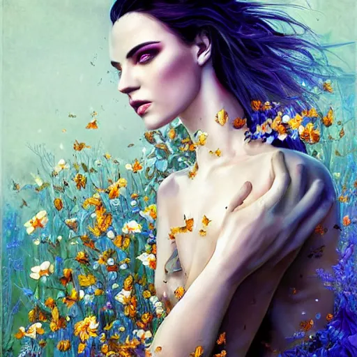 Prompt: full body portrait, long shot, pose, of a queen, swarming in flowers, magical, pale skin, blue eyes, long black hair, floating in a misty daze, digital art by Chevrier intuitive