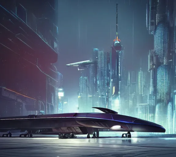 Image similar to man stands beside futuristic sci fi jet landed at runway of cyberpunk city, night photo ,dark cinematic lighting , digital concept art