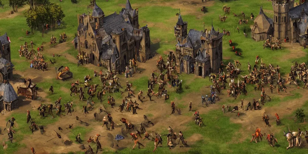 Prompt: RTS gameplay third person in style of Brueghel, painting, Age of Empires 2 gameplay, Stronghold 1, dark colors, contrast colors, high detailed, fantasy, medieval, buildings, castle, armored units, RPG, high contrast, octane render