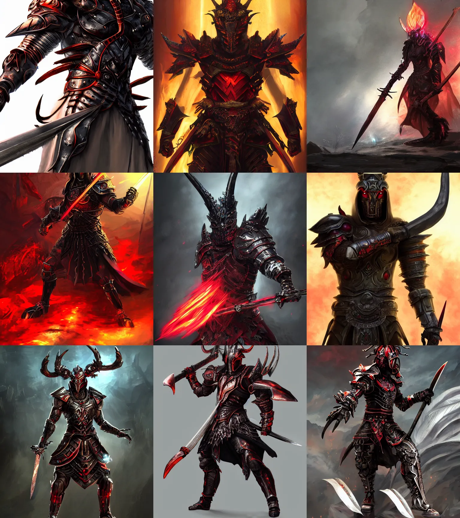 Prompt: legendary warrior king with a body of red thick iridescent metal scales, dark and ominous, cybernetic, powerful god, battle stance brandishing sword, 3 d concept artwork, obsidian gothic sword antlers helmet, realistic, gothic, gritty, matte, fire, detailed, rich iridescent specular colors, makoto shinkai, greg rutkowski, colorful, hd