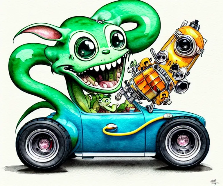 Image similar to cute and funny, margay driving a tiny hot rod with an oversized engine, ratfink style by ed roth, centered award winning watercolor pen illustration, isometric illustration by chihiro iwasaki, edited by craola, tiny details by artgerm and watercolor girl, symmetrically isometrically centered