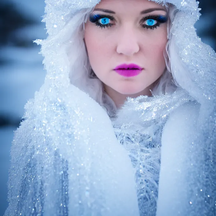 Prompt: professional photograph of a real - life ice queen with ornate robes. extremely detailed. dslr. 5 0 mm 8 k