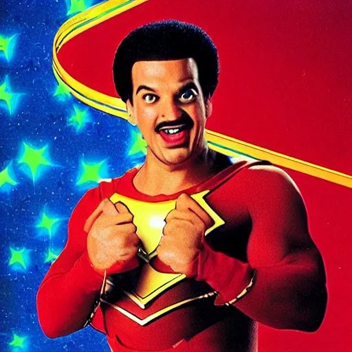 Prompt: 1990s photo of a vhs tape cover graphic for the movie “Shazam” starring comedian Sinbad as a genie