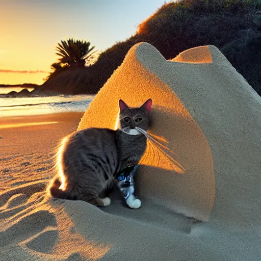 Image similar to photo of a cat building a sandcastle on a beach, photorealistic, 8 k photo, golden hour, award winning