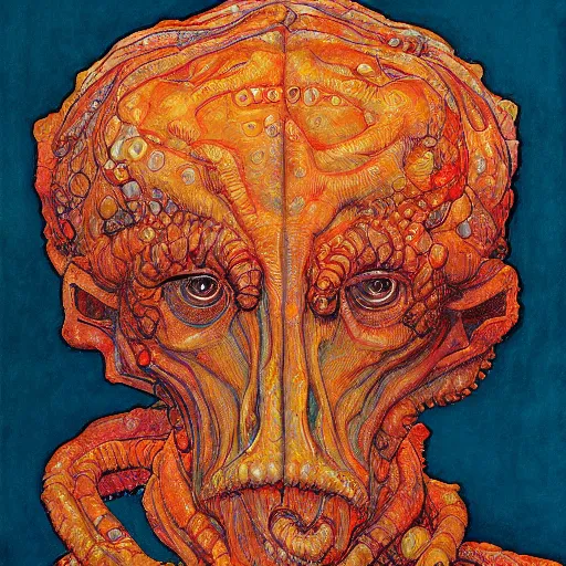 Image similar to portrait of orange cthulhu by wayne barlowe in the style of egon schiele