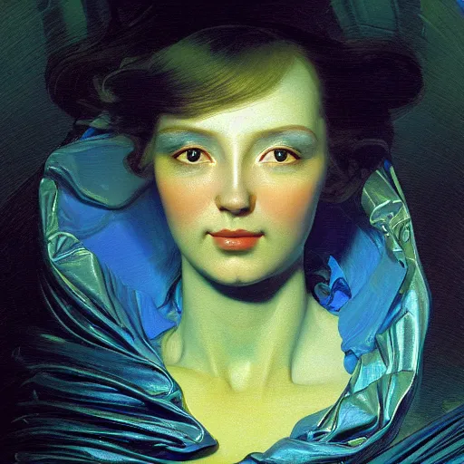 Prompt: a chrome woman's face in flowing sheets of cobalt blue gold chrome tpu silver satin, by moebius syd mead roger dean wojciech siudmak donato giancola yoshitaka amano ivan aivazovsky jan de heem pieter claesz paul delaroche alma tadema aelbert cuyp, hyperrealistic volumetric light render