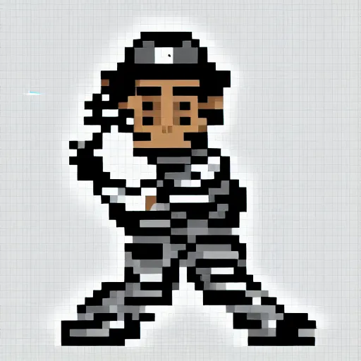 Prompt: Pixel art of a black and white baseball player