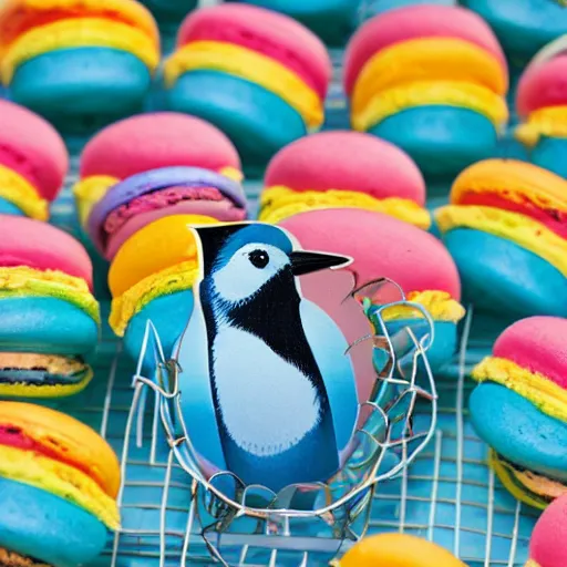 Image similar to A blue jay standing on a large basket of rainbow macarons.