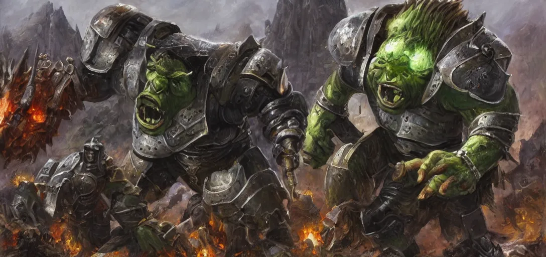 Image similar to oil painting of single giant conquering orc in full sci - fi armor roars as it steps over it's fallen enemy's bodies