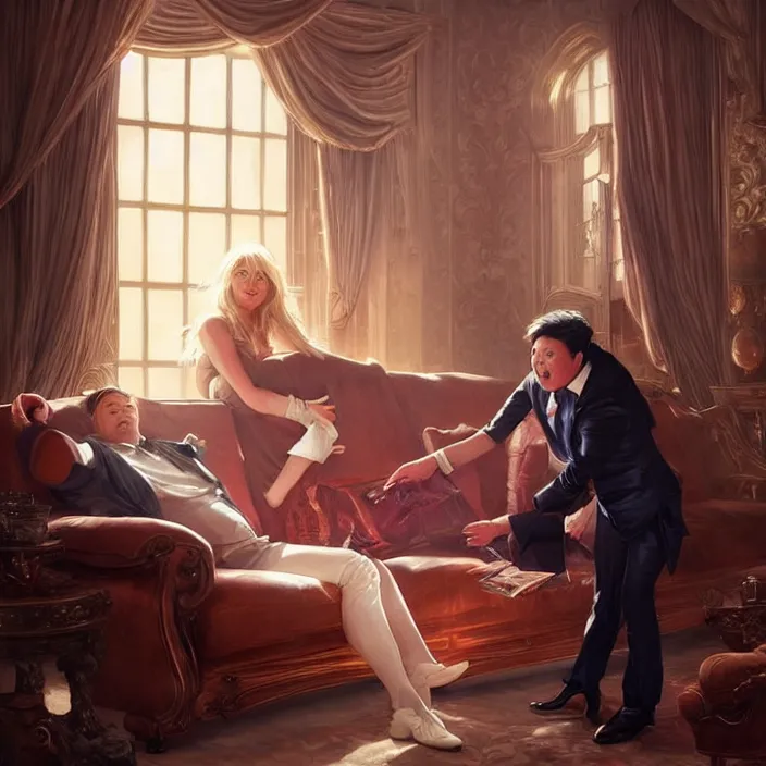 Image similar to portrait of michael mcintyre leaving on a sofa with a singing waitress, elegant, real life skin, intricate artwork, high detailed, artstation, concept art, smooth, sharpz focus, art by artgerm and greg rutkowski