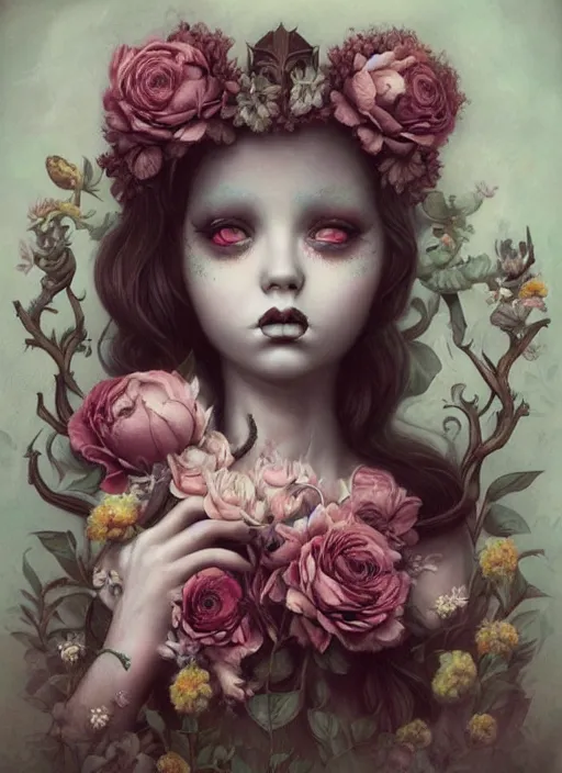 Image similar to pop surrealism, lowbrow art, dress, realistic flowers painting, hyper realism, muted colours, rococo, natalie shau, loreta lux, tom bagshaw, mark ryden, trevor brown style