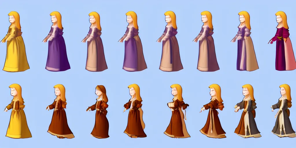 Image similar to walking animation sprite sheet of a girl in a renaissance dress, walking to the right, each sprite is a different frame of the animation
