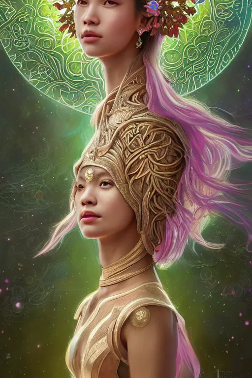 Prompt: portrait of Lalisa Manobal as a Celestial Goddess of a futuristic princess, inside future fighter, sci-fi, fantasy, intricate, lush garden spaceship with sakura season flowers, elegant, human anatomy, royal green and nature light, highly detailed, digital painting, artstation, concept art, smooth, sharp focus, illustration, art by tian zi and WLOP and alphonse mucha