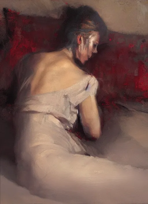 Image similar to portrait painting of a woman in an artistic pose at bed by jeremy mann, only one head single portrait