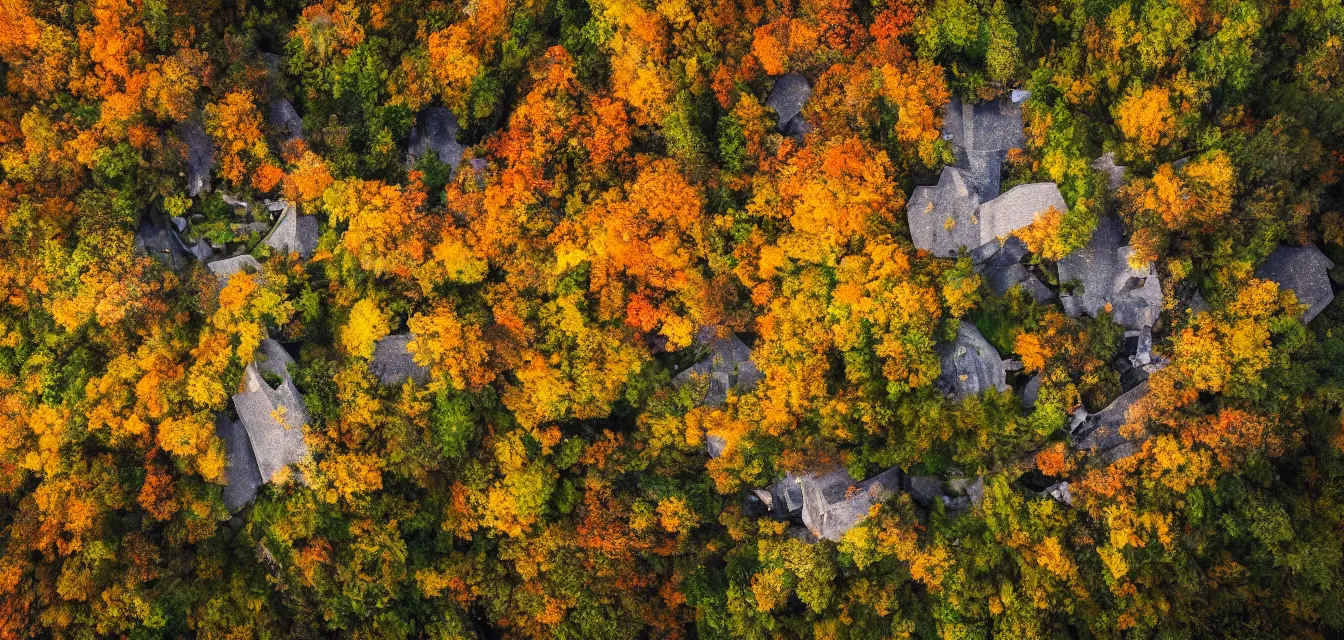 Image similar to stone cottages underneath a dense tall forest, pristine ponds. bodyscapes. fine painting intricate brush strokes, bright depth oil colors. 2 8 mm perspective multisourced photography by araken alcantara. intense promiseful happiness, autumn sunrise warm hdri forest light