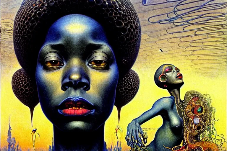 Prompt: realistic extremely detailed portrait painting of a beautiful black woman with an alien, city street on background by Jean Delville, Amano, Yves Tanguy, Ilya Repin, Alphonse Mucha, Ernst Haeckel, Edward Robert Hughes, Roger Dean, rich moody colours