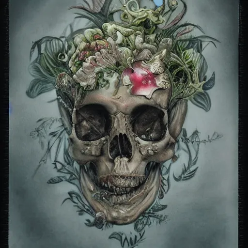 Image similar to a beautiful detailed front view baroque portrait of a rotten woman corpse becoming almost a skull with fractal plants and fractal flowers and mushrooms growing around, intricate, ornate, volumetric light, beautiful lit, polaroid photography