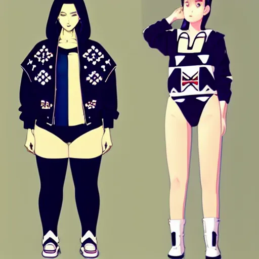 Image similar to a beautiful plus sized model japanese natalie portman, alluring, wearing oversized mayan bomber jacket and leotard with overalls, bulky poofy bomber jacket with mayan patterns, aztec street fashion, gapmoe yandere grimdark, trending on pixiv fanbox, painted by greg rutkowski makoto shinkai takashi takeuchi studio ghibli, akihiko yoshida