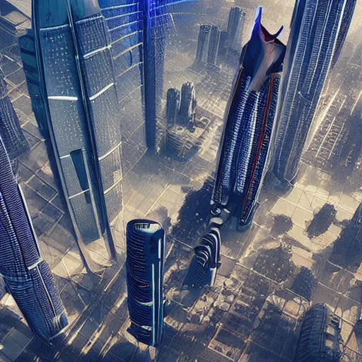 Image similar to futuristic skyline of dubai in the year 2 0 5 0 inspired by cyberpunk with flying spider drones