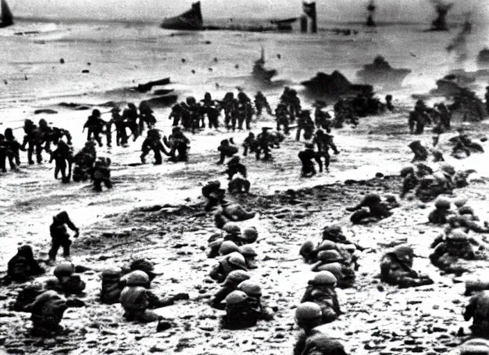 Image similar to minions storming the beaches of Normandy on d-day, world war 2 old photo, grainy