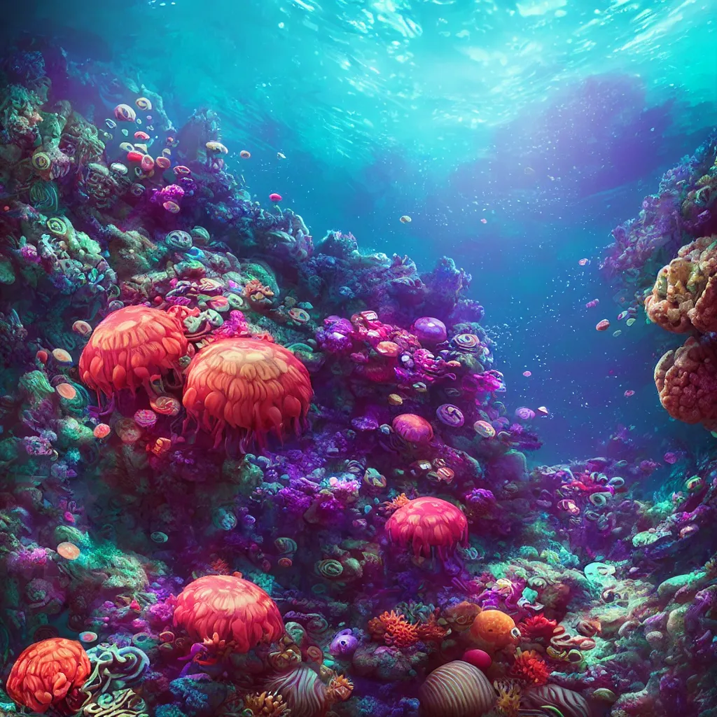 Prompt: intricate alien anemones and coral reef with happy faces, underwater photography, soft focus, soft lighting, by Pixar, by Alena Aenami