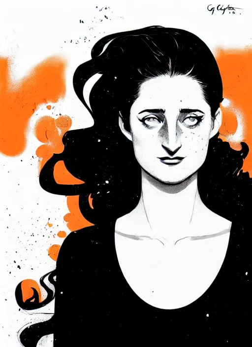 Image similar to highly detailed closeup portrait of beautiful grace gummer as dom dipierro, wavy ginger hair, black dress, by atey ghailan, by greg rutkowski, by greg tocchini, by james gilleard, by joe fenton, by kaethe butcher, gradient orange, black and white color scheme, grunge aesthetic!!! ( ( graffiti tag wall background ) )