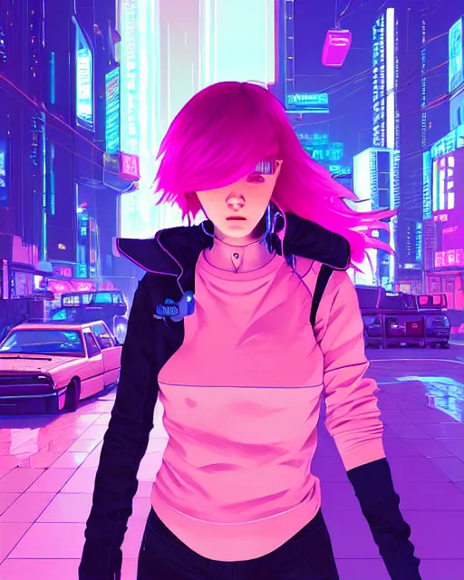 Image similar to digital illustration of cyberpunk pretty girl with pink hair, standing by a blue ford gt in a street at night, under streetlights, by makoto shinkai, ilya kuvshinov, lois van baarle, rossdraws, basquiat