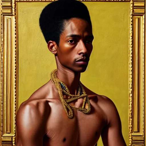 Image similar to A portrait of a skinny modern and stunning non-binary person, medium skin tone, Mexican, oil painting by Kehinde Wiley, majestic, detailed, high resolution