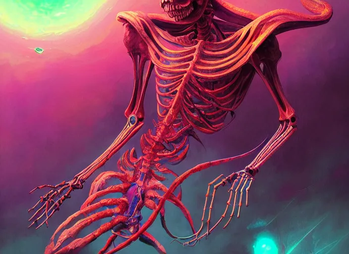 Prompt: a psychedelic portrait of skeletal mind flayer psion, vibrant color scheme, highly detailed, in the style of romanticism, cinematic, artstation, moebius, greg rutkowski