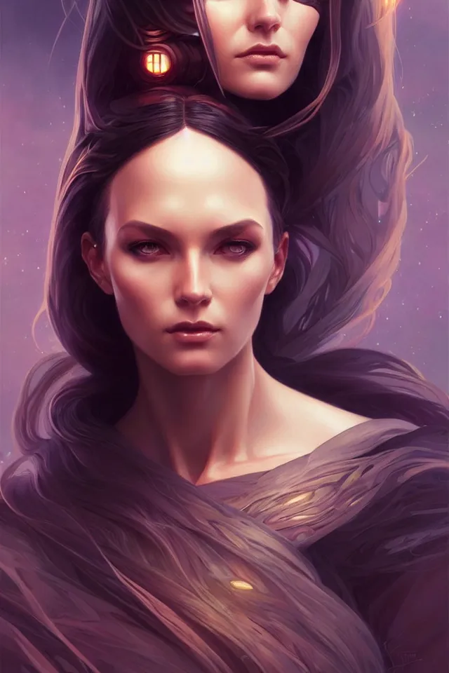 Image similar to futuristic woman portrait, sci-fi, amber eyes, face, long hair, fantasy, intricate, elegant, highly detailed, digital painting, artstation, concept art, smooth, sharp focus, illustration, art by artgerm and greg rutkowski and alphonse mucha