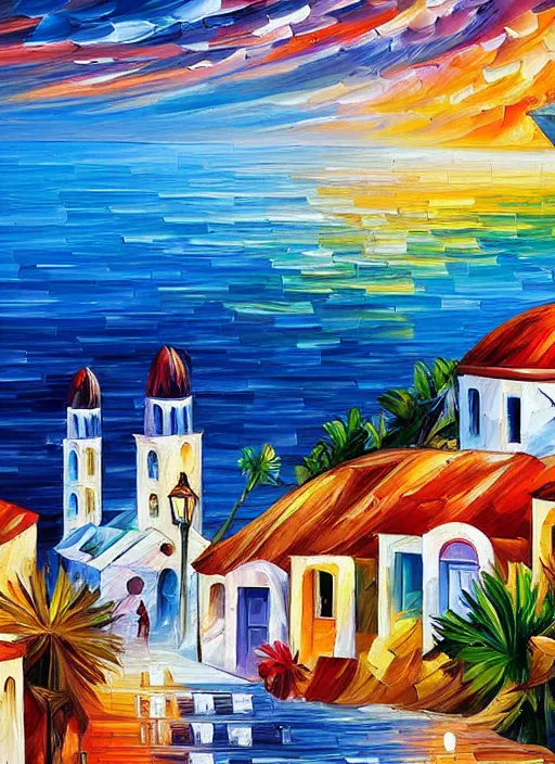 Image similar to beautiful seaside greek village in the style of leonid afremov