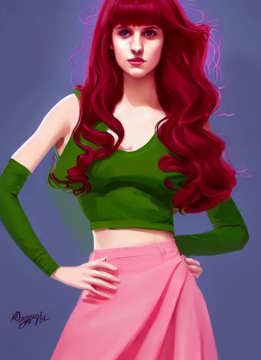 Image similar to full body portrait of teenage cheryl blossom, bangs, green eyes, sultry expression, red hair, sultry smirk, bangs and wavy hair, pink skirt, bangs, intricate, elegant, glowing lights, highly detailed, digital painting, artstation, concept art, smooth, sharp focus, illustration, art by wlop, mars ravelo and greg rutkowski